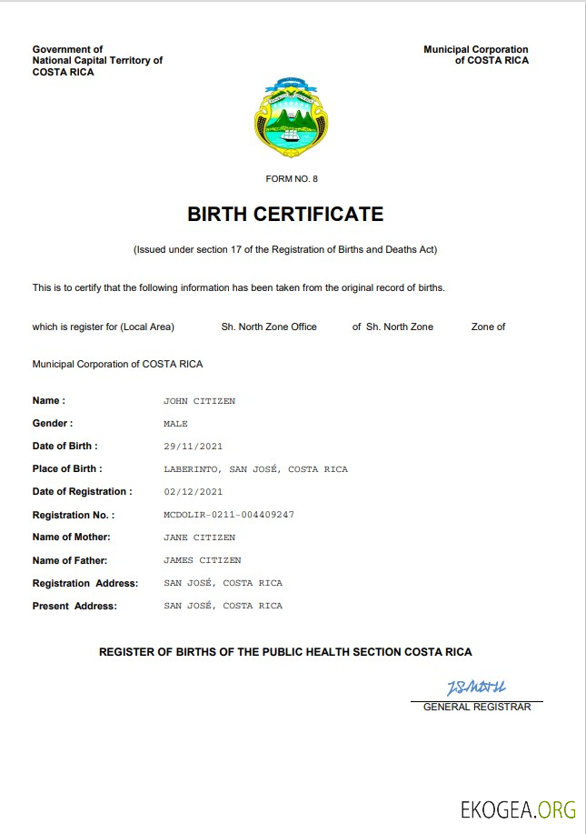 Modèle Word et PDF d'acte de naissance au Costa Rica